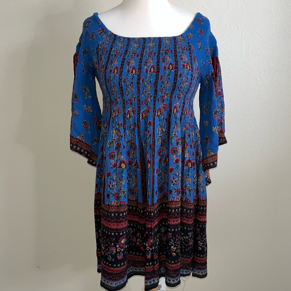 Altar’d State Floral Rustic Boho Flare Sleeve Off the Shoulder Mini Dress
